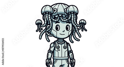 Cute robot with jellyfish tentacles for hair.