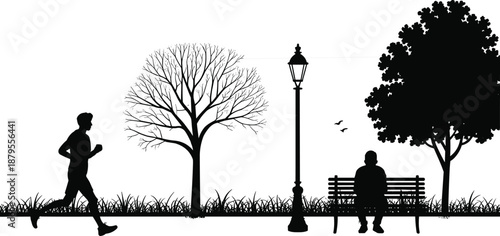 Silhouette of a man jogging in a park next to a lamppost and trees, with another person sitting on a bench