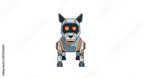 Modern robot dog illustration with orange glowing eyes.