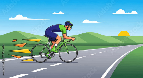 Cyclist riding a bicycle on a road with motion blur effects.