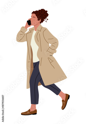 Professional woman in a beige trench coat walking while talking on a mobile phone, modern minimalist style. Flat vector illustration isolated on transparent background