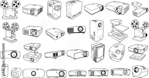 Set of Projector Line Art Illustrations: Vintage Film Projectors, Modern Digital Video  Data Projectors, and Overhead Projectors, Hand-Drawn Sketch Collection.