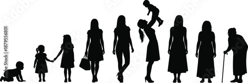 Silhouettes of people representing different life stages from baby to elderly woman on white background