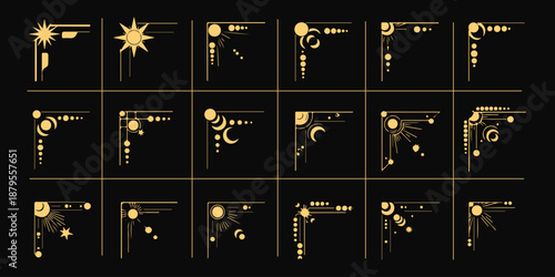 Mystic celestial border corner vector set with golden decorative angles, featuring stars, moons, suns and cosmic patterns, boho space frames with elegant stellar embellishments eps