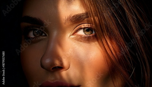 Golden hour beauty portrait with warm tones and soft facial shadows