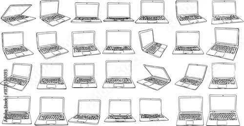 Hand-drawn line art collection of laptops in various open and closed positions, showcasing different angles and perspectives, technology and digital device illustration.