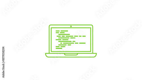 Minimalist green line art icon depicting a laptop displaying abstract lines of programming code or text data clearly signifying software development concepts.