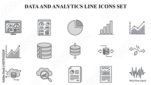 A comprehensive collection of professional line icons illustrating essential data analytics concepts including charts graphs and database storage mechanisms.