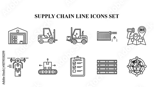 A comprehensive set of black outline icons illustrating various aspects of modern global supply chain logistics and warehousing operations.