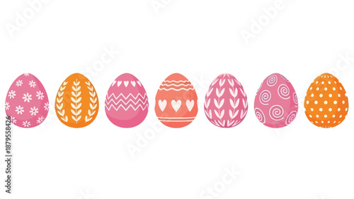 A row of seven colorful Easter eggs with various patterns and designs, including flowers, hearts, and swirls.