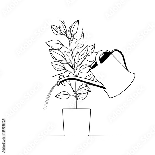 Watering Can Pouring Water on Potted Plant with Leaves