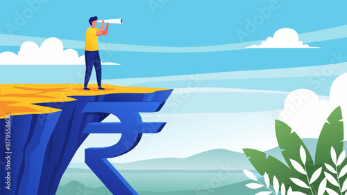 Indian Rupee Symbol Shaped Cliff With A Man Looking Through Telescope Vector Illustration