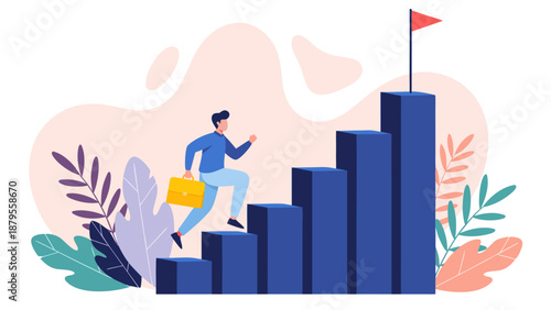 A modern vector illustration of a businessman climbing stairs towards success and goal achievement