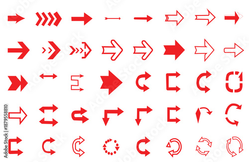 Collection of red arrows and directional symbols on white background