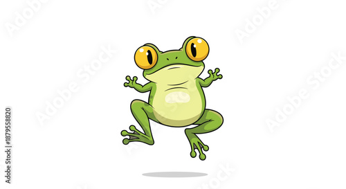 Energetic green frog character with large yellow eyes jumping in the air in a dynamic and colorful animal illustration for nature.