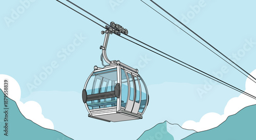 Modern cable car gondola suspended from wires over a snowy mountain range and blue sky in a clean vector illustration for travel.