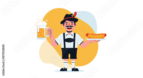 Man in traditional Bavarian lederhosen holding a large beer mug and a hot dog on a platter against a stylized yellow background.