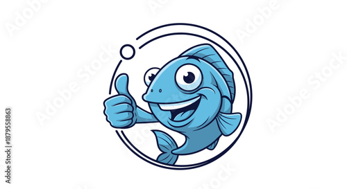 Friendly blue fish character giving a thumbs up and smiling inside a circular frame for seafood or aquarium related branding.