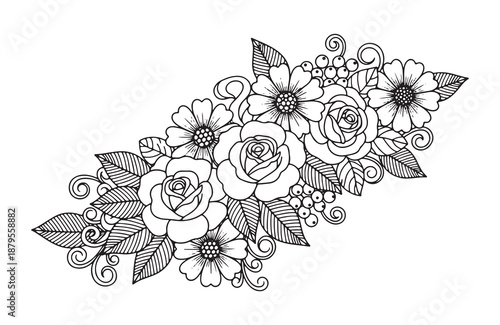 Elegant Hand Drawn Rose Floral Arrangement with Decorative Leaves and Detailed Botanical Line Art