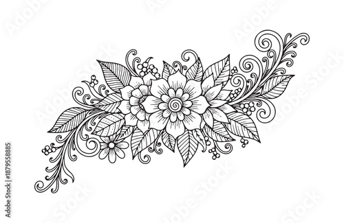 Detailed Hand Drawn Floral Arrangement with Decorative Leaves and Ornamental Botanical Elements in Elegant Line Art Style