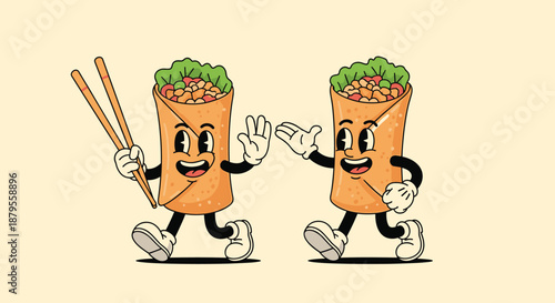 Two retro cartoon style spring roll characters walking and chatting with one holding chopsticks on a light yellow background.