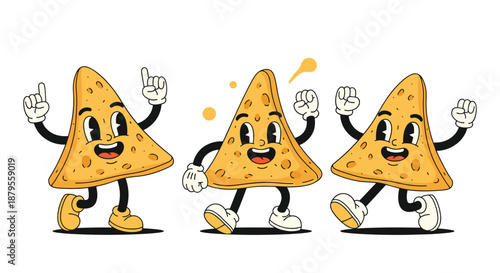 Three happy cartoon nacho cheese chips with faces and limbs dancing and celebrating in a vintage rubber hose animation style design.