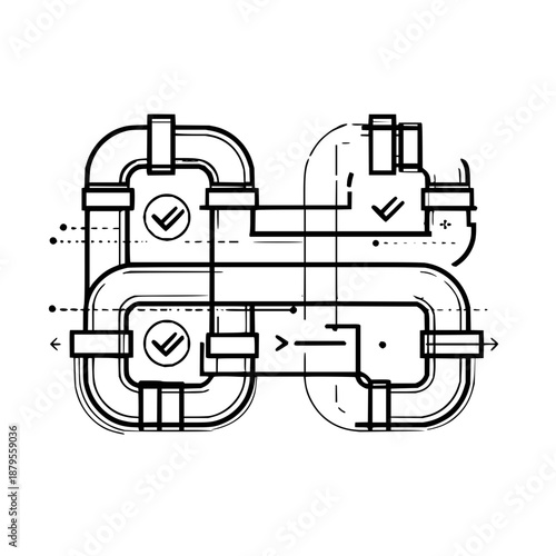 Industrial Pipe System Diagram with Valves and Arrows on White Background