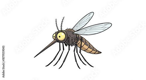 Detailed cartoon illustration of a pesky mosquito insect with large yellow eyes and long legs standing on a plain white background.