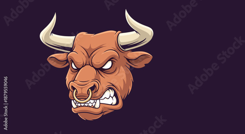 Powerful illustration of an angry brown bull head with sharp white horns and a nose ring showing an aggressive facial expression.