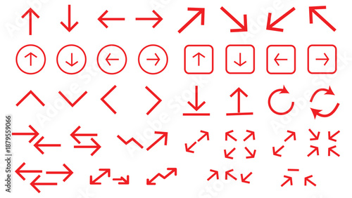 Assortment of red directional arrows and symbols on white background