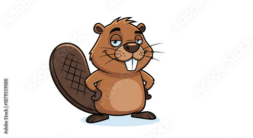Charismatic brown beaver character standing confidently with hands on hips and a slight smirk on its face showing its large white teeth.