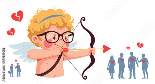 Cute cupid character with wings and glasses aiming a love arrow from a bow towards several couples with broken heart symbols.