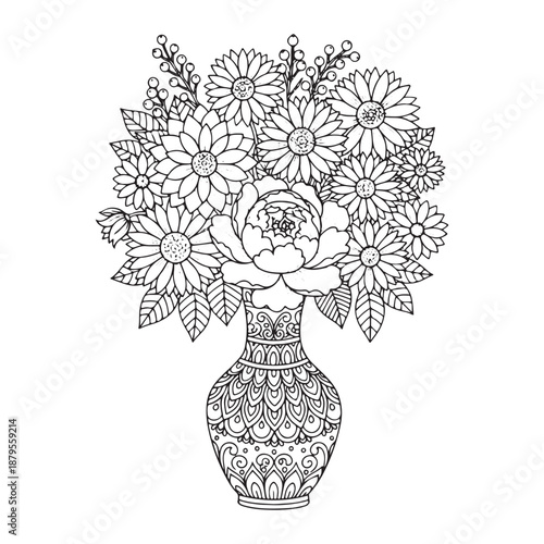 Intricate Peony Flower Bouquet in Decorative Vase Detailed Botanical Line Art Illustration