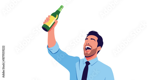 Joyful man in a blue shirt and tie cheering with excitement while holding up a green glass bottle of beer during a celebration or event.
