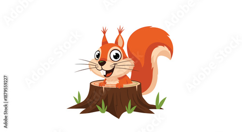 Cute orange squirrel with big eyes and a fluffy tail looking out from inside a hollow wooden tree stump surrounded by small green grass.