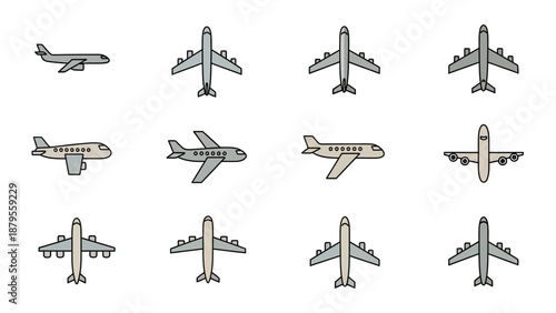 A collection of twelve different airplane illustrations in various orientations, including side, front, and top views, in a simple vector style against a clean white background.