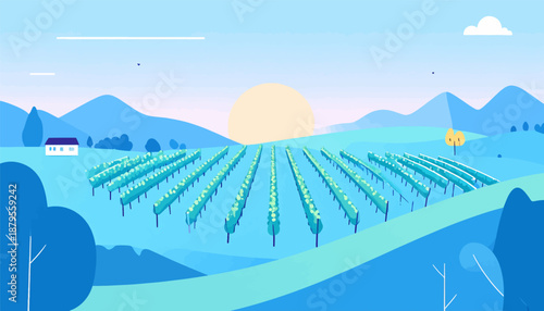 Stylized rural landscape with vineyard, house, and rolling hills under a hazy sun