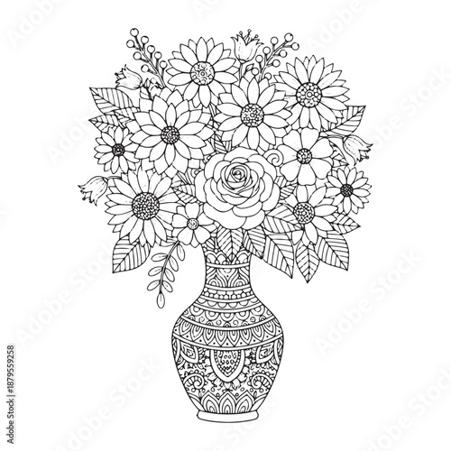 Intricate Sunflower Bouquet in Decorative Vase Detailed Botanical Line Art Illustration