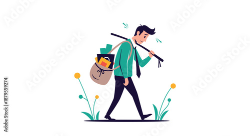 Sad businessman carrying a bag of office supplies on a pole over his shoulder while walking away from his job through a field of flowers.