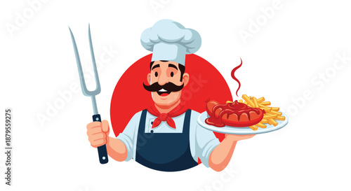 Jolly mustached chef wearing a white hat and apron holding a large metal fork and a plate of grilled sausage topped with sauce and fries.