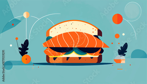 Stylized salmon sandwich with abstract circular and organic shapes on a teal background