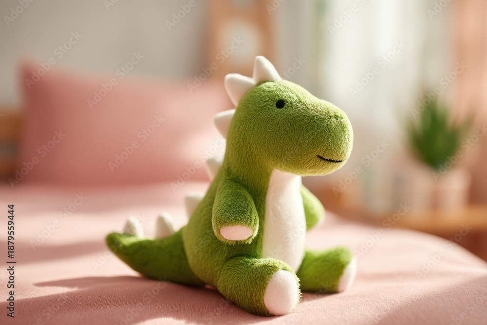 Fototapeta premium A green stuffed dinosaur is sitting on a pink bedspread