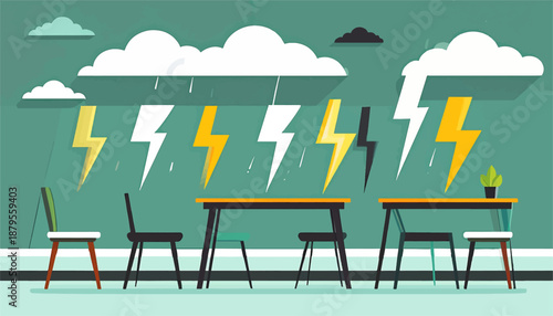 Stylized scene of an outdoor seating area during a storm with lightning