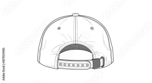 Rear view illustration of a white baseball cap showing the adjustable snapback strap and stitching details for apparel design and branding.