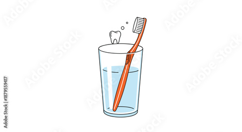 Orange toothbrush sitting in a glass of water with a small clean white tooth floating nearby to represent dental health and oral hygiene.