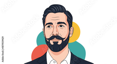 Stylish portrait of a handsome man with a neatly groomed beard and mustache wearing a dark suit and white shirt over colorful circles.