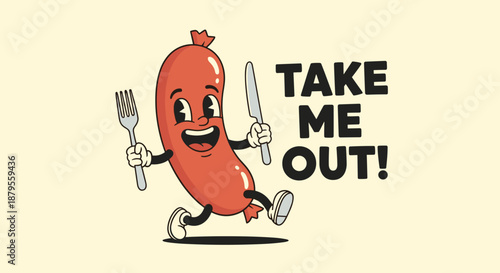 Happy cartoon sausage character with a face and limbs running while holding a fork and knife to promote take out food and delivery services.