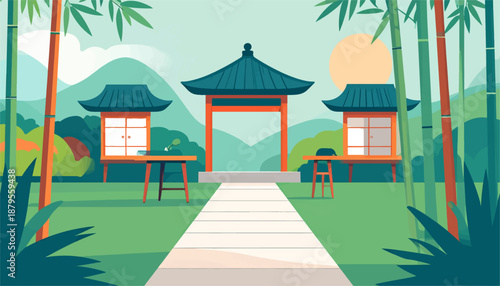 Stylized serene garden with bamboo, traditional Asian structures, and misty mountains
