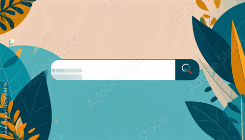 Stylized search bar amidst lush, abstract foliage in a blend of warm and cool tones