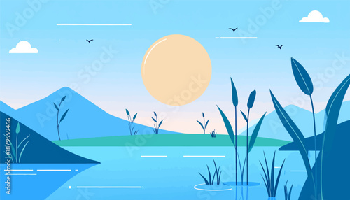 Stylized serene landscape with a large sun over blue mountains and calm water